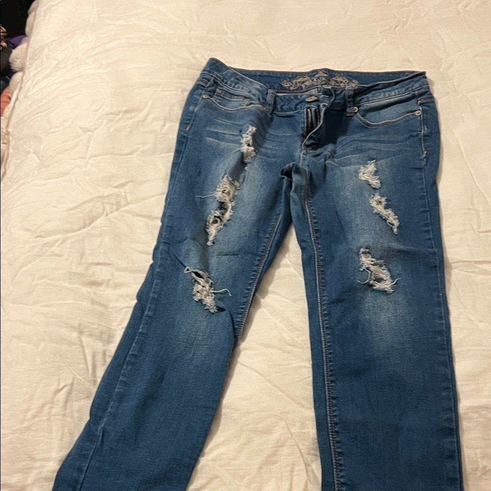 Wax Jean Women's Distressed Blue Straight Leg Jeans